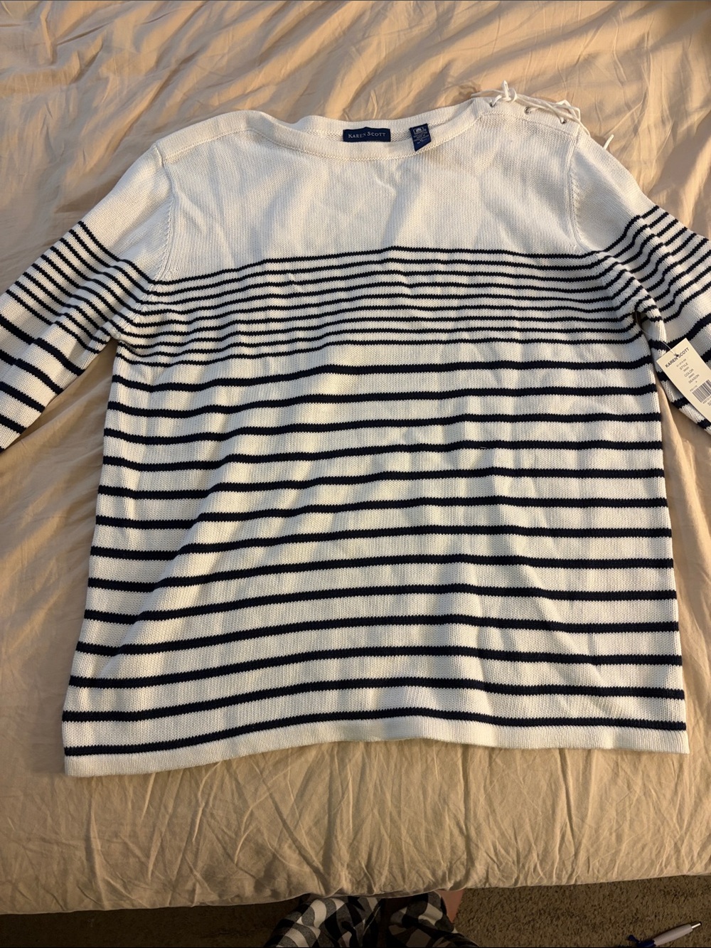 Karen Scott White and Navy Striped Crewneck Sweater